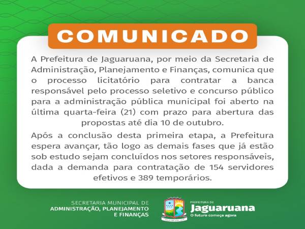 Prefeitura de Jaguaruana através da Secretaria de Administração, Planejamento e Finanças informa!